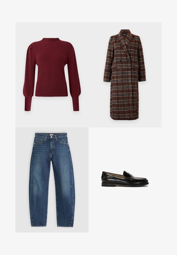 Duga dvoslojna smeđa kaput s kariranim uzorkom, s reverima, crnim gumbima i džepovima s preklopom, prikazana na bijeloj pozadini.; Burgundijski rebrasti pleteni pulover s visokim izrezom, dugim nabranim rukavima i uskim manžetama. Ima mekanu teksturu i strukturirani dizajn.; Tamno plavi traperice sa ravnim nogavicama, koje imaju prednje džepove, kontrastnu šav i suptilnu izblijedjelu teksturu na nogavicama.; Crne kožne mokasine s okruglim vrhom, dizajnom za jednostavno oblačenje i suptilnim šavovima duž gornjeg dijela. Ravni gumeni đon.