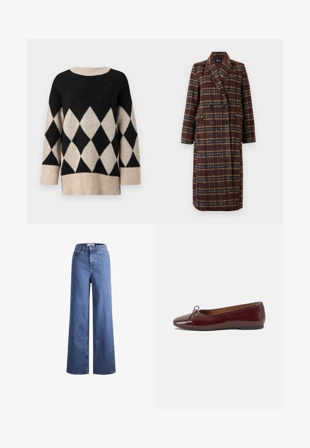 Cappotto lungo doppiopetto a quadri marrone con colletto a bavero, bottoni neri e tasche a soffietto, esposto su uno sfondo bianco.; Maglione nero e crema con motivo a rombi, dotato di scollatura rotonda, maniche ampie e finitura a maglia testurizzata.; Jeans ampia in denim azzurro chiaro con vita alta, due tasche anteriori e cuciture in vista. Presentano una chiusura con bottone e zip.; Ballerine in pelle verniciata bordeaux con punta arrotondata, piccolo fiocco decorativo sulla parte anteriore e suola bassa in gomma nera. Texture liscia.