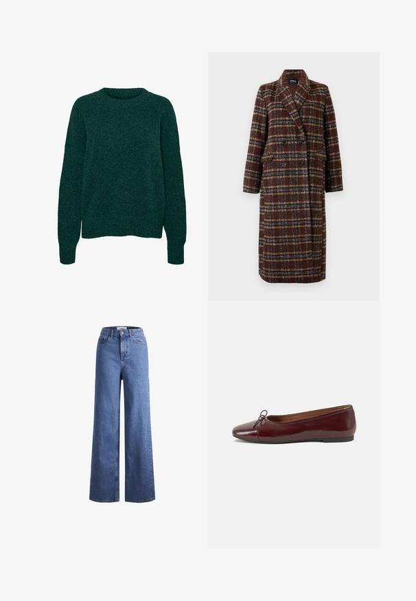 Long double-breasted brown plaid coat with lapel collar, black buttons, and flap pockets, displayed against a white background.; Dark green woolen long-sleeve sweater with crew neck and ribbed cuffs and hem, plain knit texture.; Light blue denim wide-leg jeans with a high waist, two front pockets, and visible stitching. Features a button and zipper closure.; Burgundy patent leather ballet flat with a rounded toe, small bow accent at the front, and a low, black rubber sole. Smooth texture.