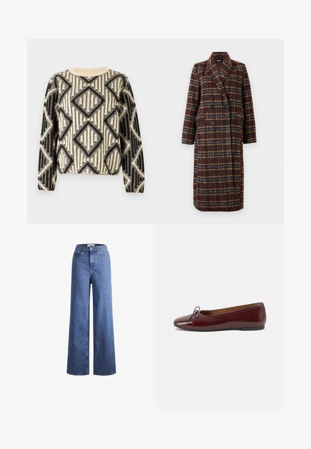 Palton lung, dublu-botonat, din material cu carouri maro, cu guler tip rever, nasturi negri și buzunare cu clapă, expus pe un fundal alb.; Pulover cu un model alb-negru, prezentând un design geometric în formă de diamant, guler rotund și mâneci lungi cu mansete ribbate.; Jeans din denim de culoare albastră deschisă, cu croială largă și talie înaltă, prevăzuți cu două buzunare frontale și cusături vizibile. Au închidere cu nasture și fermoar.; Balerini din piele patent burgund cu vârful rotund, accent de fundiță mică în față și talpă joasă din cauciuc negru. Textură netedă.