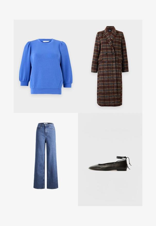 Hosszú, dupla soros barna kockás kabát, kapucnis gallérral, fekete gombokkal és hajtókás zsebekkel, fehér háttér előtt bemutatva.; Kék pulóver, hosszú, puffos ujjal, kerek nyakkivágással és bordázott mandzsettákkal. Simaszövet és laza fazon.; Világoskék, széles szárú farmernadrág magas derékkal, két elülső zsebbel és látható varrással. Gombos és cipzáros záródás.; Fekete bőr balettcipők hegyes orral, bokakötővel és lapos talppal, sima textúrával és minimalista dizájnnal.