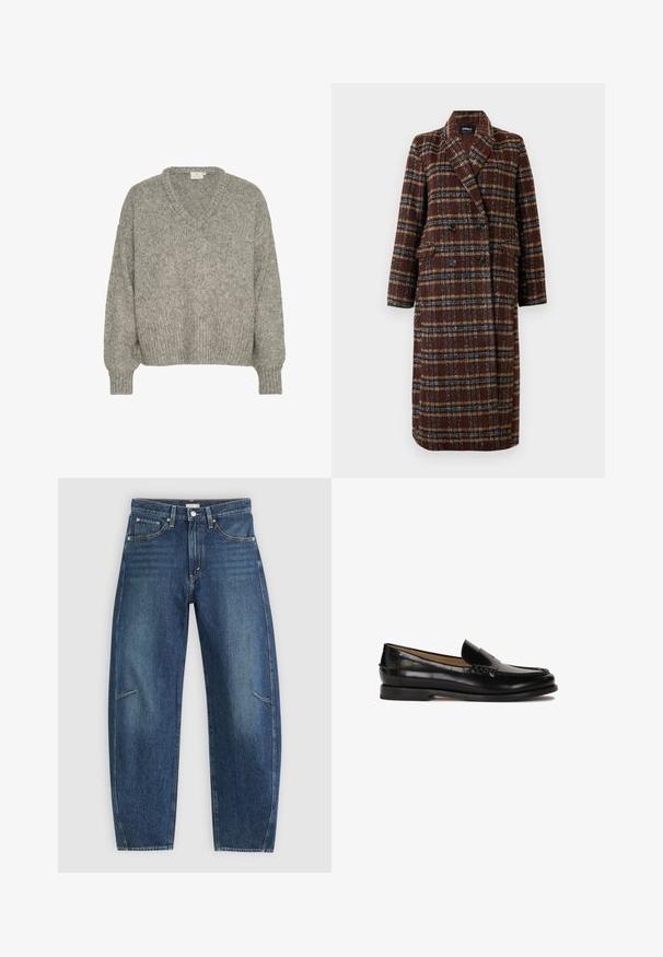 Gara divrindas brūna raibā mētelis ar atloku apkakli, melniem pogām un kabatām ar vāciņu, izstādīta pret baltu fona.; Gaisni pelēks adīts džemperis ar V veida kakla izgriezumu, brīvu piegriezumu, ribotiem piedurknēm un apakšmalu. Izgatavots no teksturētas auduma ar mīkstu izskatu.; Balta kokvilnas t-krekls ar īsām piedurknēm un apaļu kakla izgriezumu. Iekšējā kakla daļā ir rozā etiķete. Gluda tekstūra.; Tumši zili džinsi ar taisna kāju dizainu, ar priekšējiem kabatām, kontrastējošu šuvju un nemanāmu izbalējušu struktūru uz kājām.; Melnas ādas loferes ar noapaļotu purngalu, viegli uzvelkamas un ar diskrētām dūrieniem augšdaļā. Vienkārša gumijas zole.