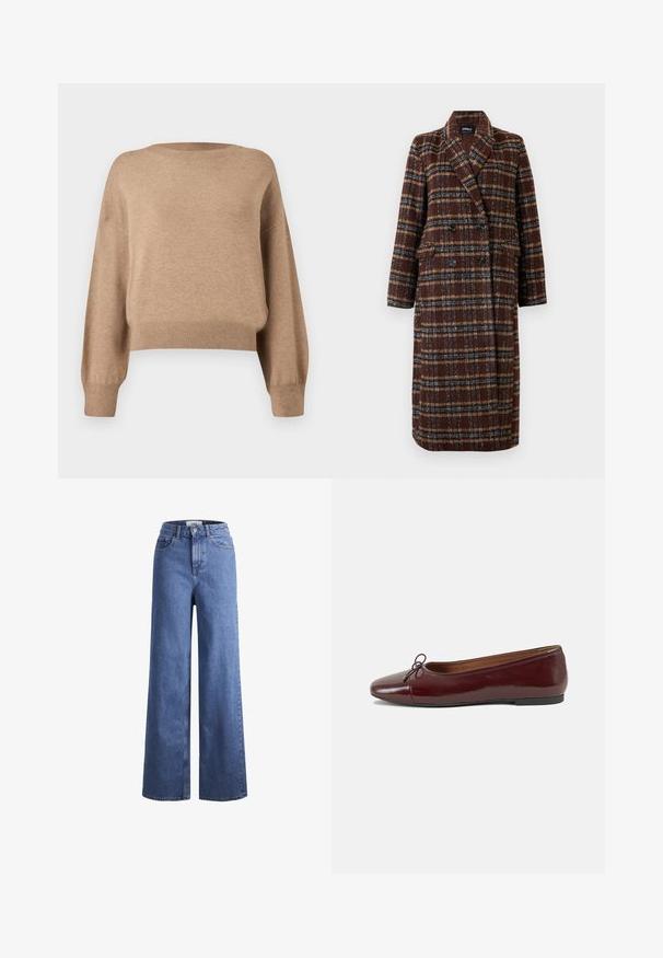 Lang, dobbeltradet brun plaidfrakke med reverskrave, sorte knapper og klaplommer, præsenteret mod en hvid baggrund.; Striktrøje i en lys brun nuance. Har rund halsudskæring, dropperede skuldre samt ribkantede ærmer og nederste kant. Blød tekstur og kort design.; Lyseblå denim brede bukser med høj talje, to frontlommer og synlige stikninger. Har en knap- og lynlåslukning.; Bordeaux patentlæder balletflad med rund tå, lille sløjfeaccent foran og en lav, sort gummisål. Glat tekstur.