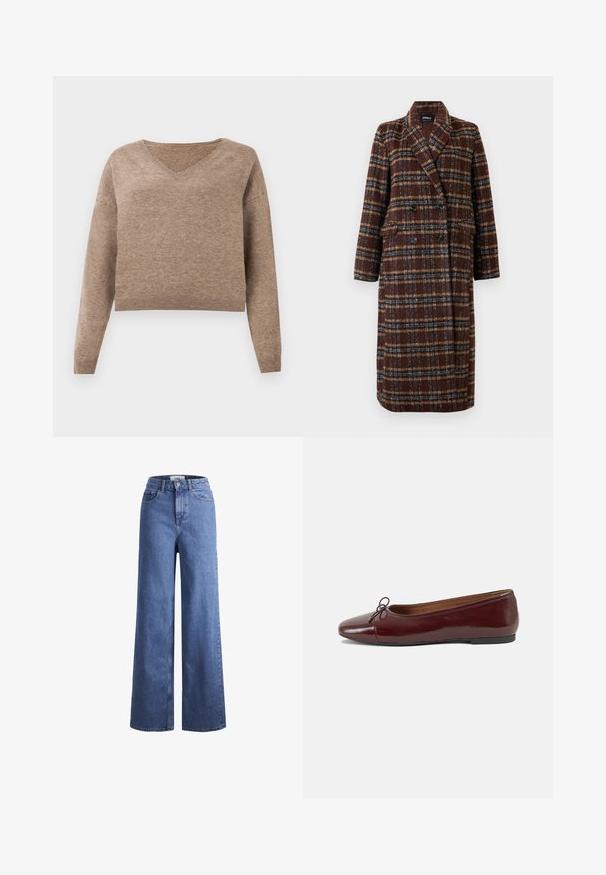 Dolg plašč z dvojnim zapenjanjem v rjavem karirastem vzorcu z rever ovratnikom, črnimi gumbi in žepi s poklopcem, prikazan na belem ozadju.; Svetlo rjav pulover pletenine z V-izrezom, dolgimi rokavi in ribastim robom. Mehka tekstura s precej skrajšanim dizajnom in brez vidnih vzorcev.; Svijetloplave traper hlače širokih nogavica s visokim strukom, s dva prednja džepa i vidljivim šavovima. Ima kopčanje na gumb i zatvarač.; Burgundska patenti usnjeni baletni čevlji z zaobljenim prstom, majhnim lokom na sprednji strani in nizkim črnim gumijastim podplatom. Gladka tekstura.