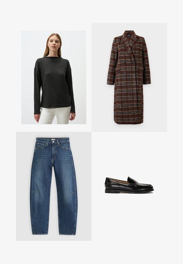 Lange dubbelhuls bruine geruite jas met revers, zwarte knopen en klepzakken, tentoongesteld tegen een witte achtergrond.; Charcoalgrijze gebreide trui met een geweven zigzagpatroon, lange mouwen en een ronde hals. Ggedragen over witte broek.; Donkerblauwe denim jeans met een recht afgesneden ontwerp, voorzien van voorzakken, contrasterende stiksels en een subtiele vervaagde textuur op de broekspijpen.; Zwarte leren loafer met een ronde neus, instapontwerp en subtiele stiksels langs de bovenkant. Platte rubberen zool.