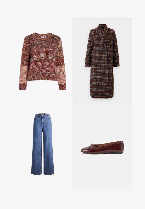 Ilgas dvigubas rudas langeliais paltas su apykakle, juodais mygtukais ir kišenėmis su atvartais, eksponuojamas ant balto fono.; Megztinis maišytų raudonos, oranžinės ir grietinėlės spalvų atspalvių. Turi apvalią iškirptę, ilgomis rankovėmis ir tekstūruotą raštą visame paviršiuje.; Šviesiai mėlynos džinsinės kelnės plačiu sijonu ir aukštu liemeniu, su dviem priekinių kišenių ir matomu siuvimu. Su mygtuko ir užtrauktuko uždarymu.; Bordo lakiotos odos baleto bateliai su apvalia nosimi, maža kaspinėlio akcentu priekyje ir žema juoda guma padanga. Lygi tekstūra.