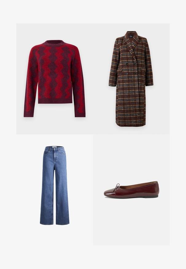 Manteau long en plaid marron à double boutonnage avec col à revers, boutons noirs et poches à rabat, présenté sur un fond blanc.; Pull en maille de couleur rouge foncé avec des motifs en zigzag contrastés de rouge clair. Il dispose d'un col rond et de manches longues, fabriqué dans un matériau doux.; Jean large en denim bleu clair avec taille haute, deux poches avant et coutures visibles. Fermeture à bouton et à zip.; Ballerines en cuir verni bordeaux avec un bout rond, un petit nœud décoratif à l'avant et une semelle en caoutchouc noire basse. Texture lisse.