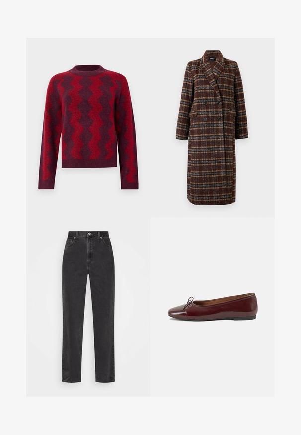 Lange dubbelhuls bruine geruite jas met revers, zwarte knopen en klepzakken, tentoongesteld tegen een witte achtergrond.; Gebreide trui in donkerrood met contrasterende zigzagpatronen in lichter rood. Heeft een ronde hals en lange mouwen, gemaakt van zacht materiaal.; Zwarte denim jeans met rechte pijpen en hoge taille, met een knoop en rits aan de voorkant en vijf zakken, op een witte achtergrond.; Bordeaux gepatenteerd lederen ballerina met een ronde neus, een klein strikaccent aan de voorkant en een lage, zwarte rubberen zool. Glad textuur.