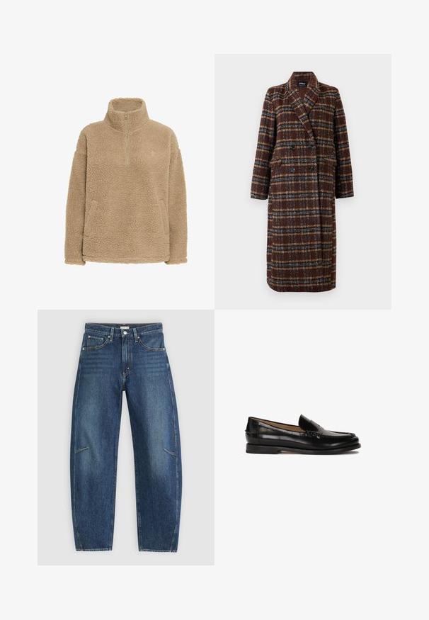 Lang, dobbeltradet brun plaidfrakke med reverskrave, sorte knapper og klaplommer, præsenteret mod en hvid baggrund.; Beige fleece-pullover med halv-zip, høj krave og sidelommer; har en struktureret, blød overflade og en afslappet pasform.; Mørkeblå denim jeans med lige ben-design, der har forkæbbes lommer, kontrastsyninger og en subtil falmet tekstur på benene.; Sorte læder loafers med en rund tå, slidserdesign og subtile syninger langs overdelen. Flad gummisål.