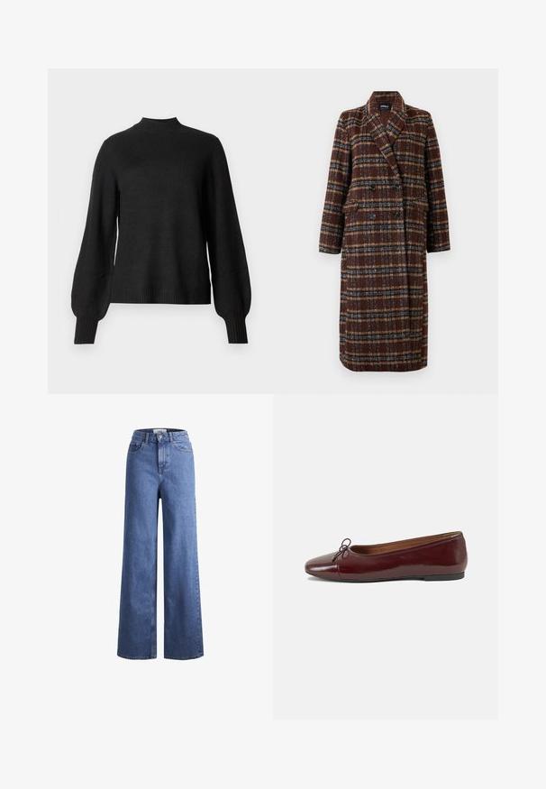 Dlouhý hnědý kostkovaný kabát na dvouřadé zapínání s klopovým límcem, černými knoflíky a kapsami s klopou, vystavený na bílém pozadí.; Černý pletený svetr s dlouhým rukávem, s ribbovaným stojáčkem, manžetami a lemem, s mírně nabíranými rukávy a přiléhavým střihem.; Svetle modré denimové široké kalhoty s vysokým pasem, dvěma předními kapsami a viditelným švem. Obsahují knoflíkový a zipový uzávěr.; Burgundské lakové baleríny s kulatou špičkou, malou mašlí vpředu a nízkou černou gumovou podrážkou. Hladký povrch.