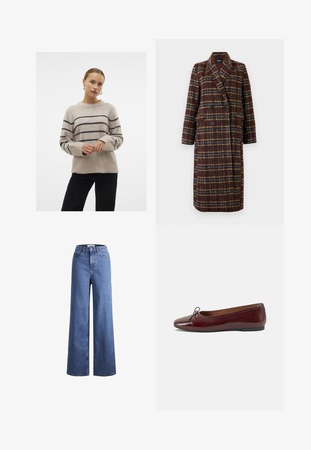 Dolg plašč z dvojnim zapenjanjem v rjavem karirastem vzorcu z rever ovratnikom, črnimi gumbi in žepi s poklopcem, prikazan na belem ozadju.; Vero Moda VMFLAWLESS O-NECK NOOS - Pulover - silver mink; Svijetloplave traper hlače širokih nogavica s visokim strukom, s dva prednja džepa i vidljivim šavovima. Ima kopčanje na gumb i zatvarač.; Burgundska patenti usnjeni baletni čevlji z zaobljenim prstom, majhnim lokom na sprednji strani in nizkim črnim gumijastim podplatom. Gladka tekstura.