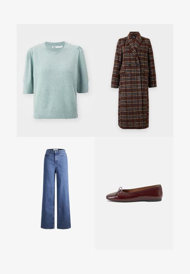 Casaco xadrez castanho de dupla face, com colarinho de lapela, botões pretos e bolsos de aba, exibido sobre um fundo branco.; Suéter de manga curta verde-claro feito de material macio, com um colo redondo e um design subtil de ombros bufantes. Punhos e barra canelados.; Jeans de ganga azul claro, de perna larga e cintura alta, com dois bolsos frontais e costuras visíveis. Apresenta um fecho de botão e zíper.; Bailarinas em couro sintético borgonha com bico redondo, pequeno laço na frente e sola baixa em borracha preta. Textura suave.