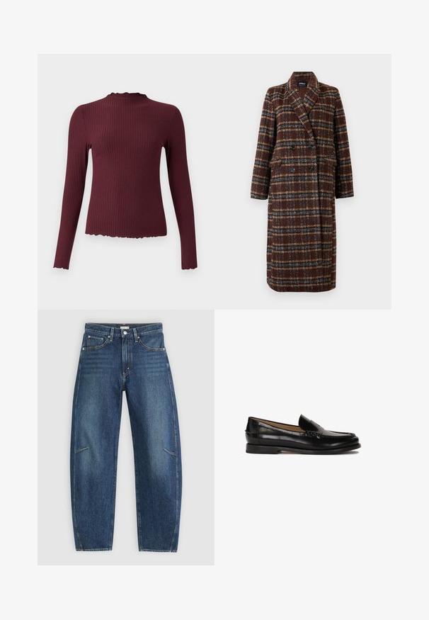 Pikk topeltkinnitatud pruuni ruudulise mustriga mantel, millel on krae, mustad nupud ja klapptaskud, esitatud valge tausta ees.; Burgundia pikas varrukatega topp, soonikule tekstuur, kõrge kaelus lainelise servaga, päitsi kuju, pehme kangas ja veidi lühendatud hõlm.; Tumedat sinised teksad sirge jala disainiga, millel on esikotid, kontrastõmblused ja jalgadel peenelt pleekinud tekstuur.; Must siin mustad nahast loaferid ümarate varvastega, libisemisega mudel ja peened õmblused peal. Lame kummist tall.