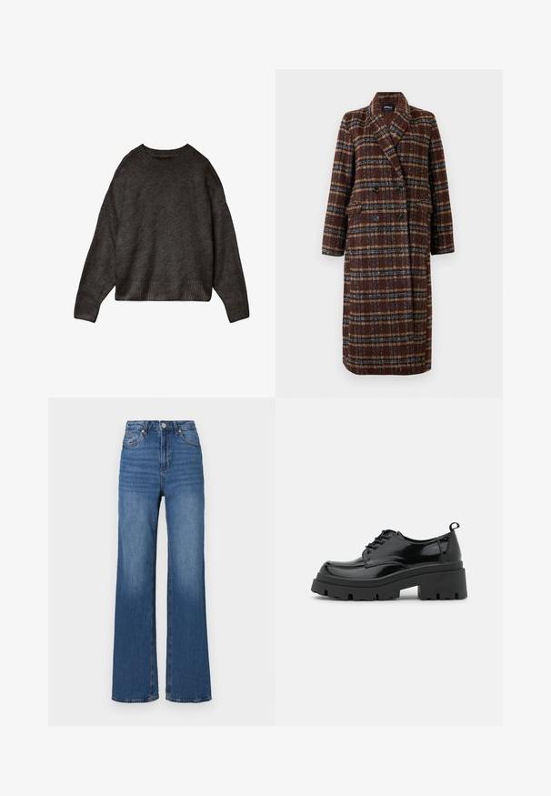 Long double-breasted brown plaid coat with lapel collar, black buttons, and flap pockets, displayed against a white background.; Dark gray sweater, made of soft fabric, featuring a round neck, dropped shoulders, and ribbed hem and cuffs. Simple design, no patterns.; High-waisted, wide-leg blue jeans made of denim, featuring a classic five-pocket design and subtle fading along the legs.; Black patent leather shoes with a chunky platform sole and thick laces. Rounded toe, minimal detailing, and a small heel tab at the back.