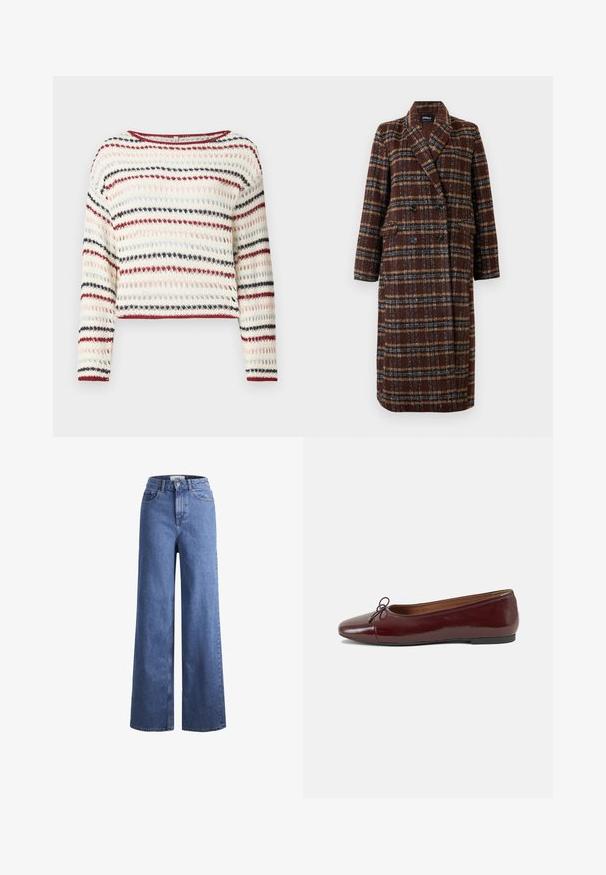 Cappotto lungo doppiopetto a quadri marrone con colletto a bavero, bottoni neri e tasche a soffietto, esposto su uno sfondo bianco.; Maglione all'uncinetto con maniche lunghe e scollatura rotonda; presenta strisce alternate in crema, rosso, blu navy e rosa chiaro; motivo testurizzato.; Jeans ampia in denim azzurro chiaro con vita alta, due tasche anteriori e cuciture in vista. Presentano una chiusura con bottone e zip.; Ballerine in pelle verniciata bordeaux con punta arrotondata, piccolo fiocco decorativo sulla parte anteriore e suola bassa in gomma nera. Texture liscia.