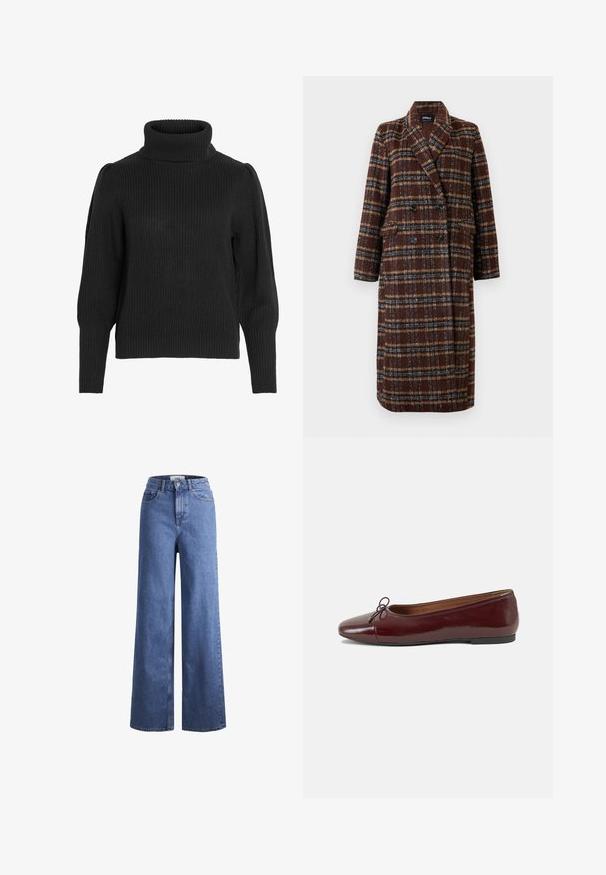 Hosszú, dupla soros barna kockás kabát, kapucnis gallérral, fekete gombokkal és hajtókás zsebekkel, fehér háttér előtt bemutatva.; Fekete kötött pulóver magas, bordázott nyakkal. Eséses vállakkal és bordázott mandzsettákkal rendelkezik a hosszú ujjakon, texturált anyagból készült.; Világoskék, széles szárú farmernadrág magas derékkal, két elülső zsebbel és látható varrással. Gombos és cipzáros záródás.; Burgundi lakkbőr balettcipő kerek orral, elöl kis masni díszítéssel és alacsony, fekete gumi talppal. Simára csiszolt felület.