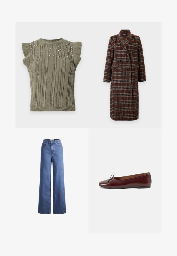Cappotto lungo doppiopetto a quadri marrone con colletto a bavero, bottoni neri e tasche a soffietto, esposto su uno sfondo bianco.; Top in maglina color khaki con texture a coste, maniche corte a volant e dettagli di gemme sparse sul davanti. Collo a giro e silhouette aderente.; Jeans ampia in denim azzurro chiaro con vita alta, due tasche anteriori e cuciture in vista. Presentano una chiusura con bottone e zip.; Ballerine in pelle verniciata bordeaux con punta arrotondata, piccolo fiocco decorativo sulla parte anteriore e suola bassa in gomma nera. Texture liscia.