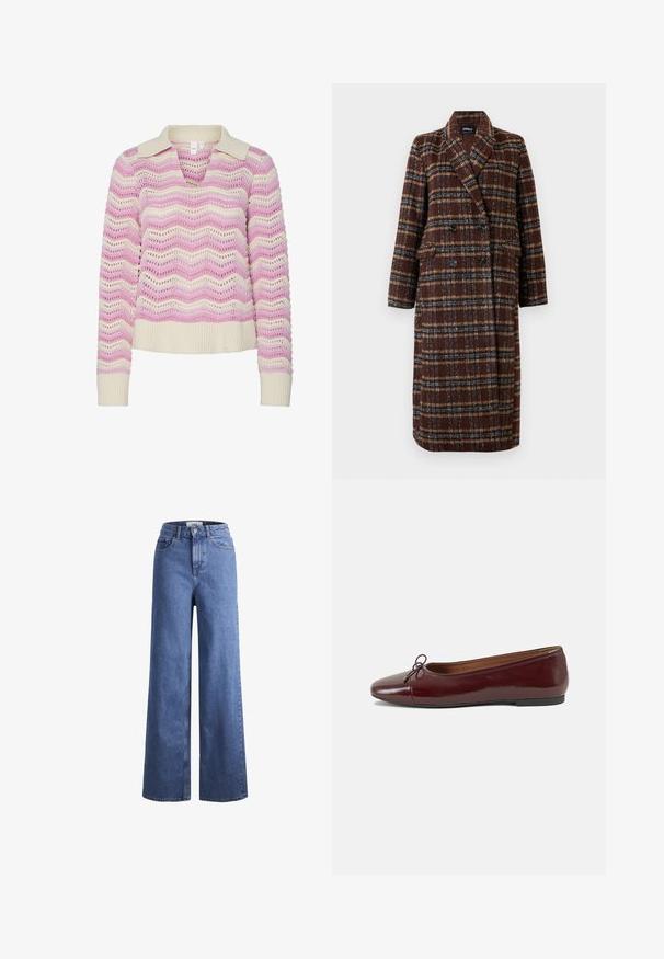 Duga dvoslojna smeđa kaput s kariranim uzorkom, s reverima, crnim gumbima i džepovima s preklopom, prikazana na bijeloj pozadini.; Pleteni pulover s V-izrezom i kratkim ovratnikom, sa valovitim uzorkom u ružičastoj i krem boji. Teksturiran, s rebrastim rukavima i rubom.; Svijetloplavi traper široki traperice s visokim strukom, dva prednja džepa i vidljivim šavovima. Imaju kopčanje na gumb i patentni zatvarač.; Burgundska lakirana balerinka s zaobljenim vrhom, malim mašnom sprijeda i niskom, crnom gumenom potplatu. Glatka tekstura.