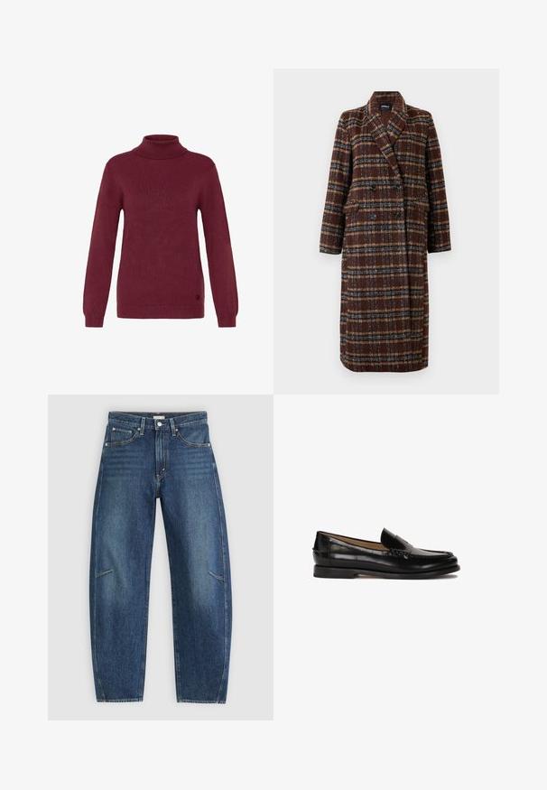 Dlhý hnedý károvaný kabát na dvojité zapínanie s klopovým golierom, čiernymi gombíkmi a vreckami s chlopňou, vystavený na bielom pozadí.; Burgundský rolák vyrobený z ribbed úpletu, s dlhými rukávmi a priliehajúcimi manžetami, s okrúhlym logom na spodnom okraji.; Tmavomodré riflové nohavice so strihom rovného nohu, ktoré majú predné vrecká, kontrastné šitie a jemnú vyblednutú textúru na nohách.; Čierne kožené loafery s okrúhlou špičkou, bez zapínania, a jemnými švovými detailmi pozdĺž hornej časti. Plátená gumená podrážka.