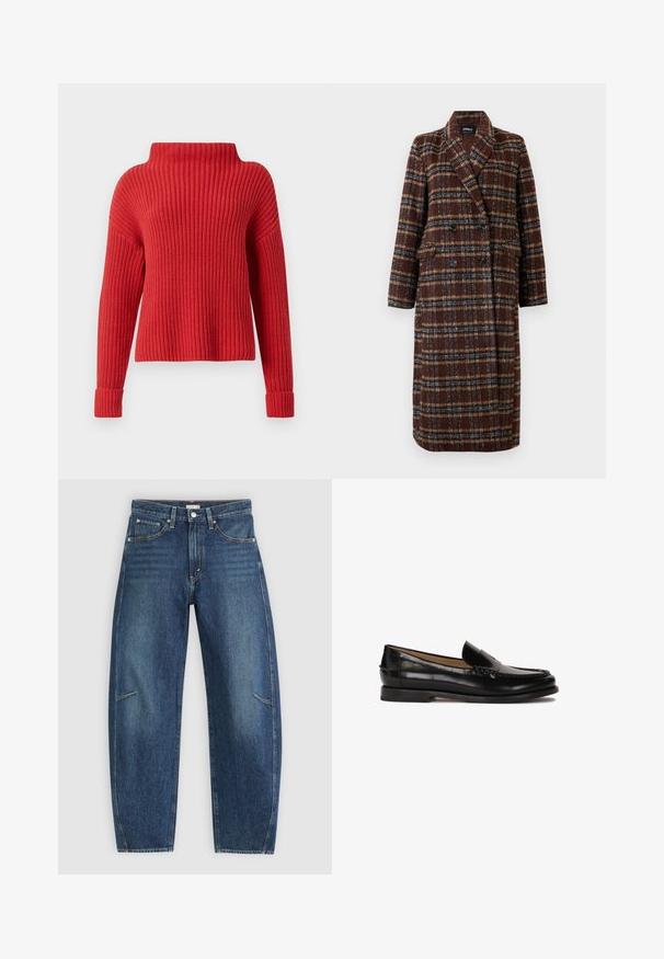 Hosszú, dupla soros barna kockás kabát, kapucnis gallérral, fekete gombokkal és hajtókás zsebekkel, fehér háttér előtt bemutatva.; Piros kötött pulóver magas gallérral, bordás textúrával, hosszú ujjakkal és szűkített mandzsettákkal. Hétköznapi, dobozos kialakítás, amely örvényléshez megfelelő.; Sötétkék farmernadrág egyenes lábbal, elülső zsebekkel, kontrasztöltéssel és enyhén kopott textúrával a lábakon.; Fekete bőr mokaszin lekerekített orral, slip-on kialakítással és finom varrás részletekkel a felsőrészen. Lapos gumitalp.