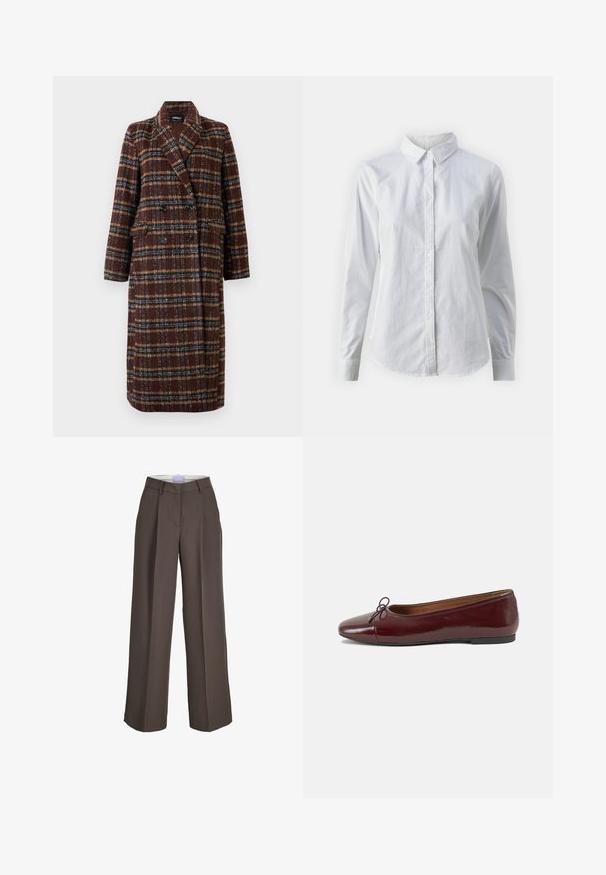 Long double-breasted brown plaid coat with lapel collar, black buttons, and flap pockets, displayed against a white background.; White button-up shirt made of smooth cotton, featuring a classic collar, long sleeves, and a curved hem. Buttons are small and white.; Wide-legged trousers in brown fabric, featuring a high waist, front pleats, and a smooth texture. Includes belt loops for added detail.; Burgundy patent leather ballet flat with a rounded toe, small bow accent at the front, and a low, black rubber sole. Smooth texture.
