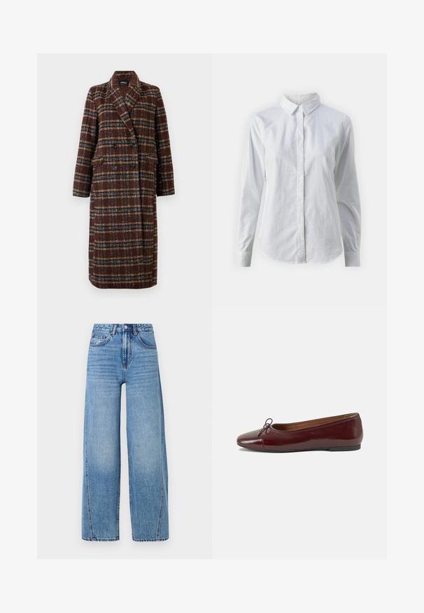 Abrigo de cuadro marrón de doble botonadura largo con cuello de solapa, botones negros y bolsillos con solapa, exhibido contra un fondo blanco.; Camisa blanca de botones hecha de algodón suave, con un cuello clásico, mangas largas y un dobladillo curvado. Los botones son pequeños y blancos.; Jeans de mezclilla de tiro alto, de pierna ancha y color azul claro, con bolsillos frontales, trabillas para cinturón, cierre con botón y costuras visibles.; Bailarina de charol burdeos con punta redonda, pequeño lazo en la parte frontal y una suela baja de goma negra. Textura suave.