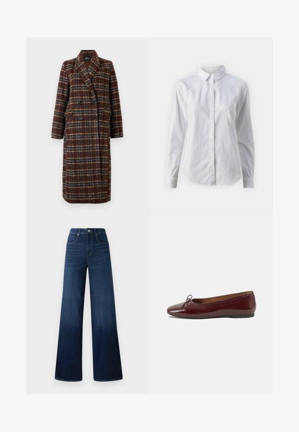 Dlouhý hnědý kostkovaný kabát na dvouřadé zapínání s klopovým límcem, černými knoflíky a kapsami s klopou, vystavený na bílém pozadí.; Bílá košile na knoflíky vyrobená z hladké bavlny, s klasickým límcem, dlouhými rukávy a zakřiveným spodním lemem. Knoflíky jsou malé a bílé.; Široké tmavě modré džíny vyrobené z denimu, s vysokým pasem, pěti kapsami a kontrastním prošíváním podél švů.; Burgundské lakové baleríny s kulatou špičkou, malou mašlí vpředu a nízkou černou gumovou podrážkou. Hladký povrch.