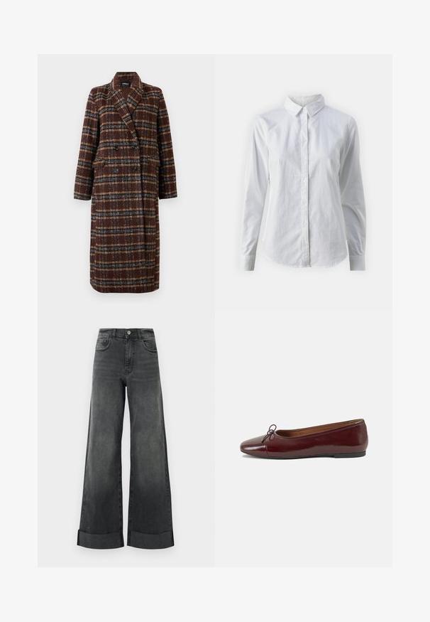 Pikk topeltkinnitatud pruuni ruudulise mustriga mantel, millel on krae, mustad nupud ja klapptaskud, esitatud valge tausta ees.; Valge nööpidega särk, mis on valmistatud siledast puuvillast. Särgil on klassikaline krae, pikad varrukad ja kaarduv äär. Nöödid on väikesed ja valged.; Kõrge vöökohaga mustad laiad teksad, mille alumised äärted on keeratud, esiknapp ja taskud, eksponeeritud heledal ühtlasel taustal.; Burgundi patendnahk kingad balletitüüpi, ümmarguse ninaosa, ees väike paelaaktsent ja madal must kummist tald. Sile tekstuur.