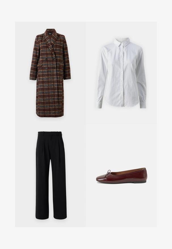 Dlhý hnedý károvaný kabát na dvojité zapínanie s klopovým golierom, čiernymi gombíkmi a vreckami s chlopňou, vystavený na bielom pozadí.; Biela košeľa s gombíkmi vyrobená z hladkej bavlny, s klasickým golierom, dlhými rukávmi a zakriveným lemom. Gombíky sú malé a biele.; Čierne nohavice na vysoký pás s širokými nohavicami, pútkami na opasok a prednými záhybmi na bielom pozadí.; Burgundské lakované balerínky s okrúhlou špičkou, malou mašľou na prednej strane a nízkou čiernou gumovou podrážkou. Hladký povrch.