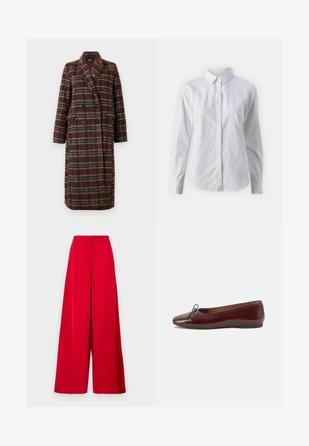 Long double-breasted brown plaid coat with lapel collar, black buttons, and flap pockets, displayed against a white background.; White button-up shirt made of smooth cotton, featuring a classic collar, long sleeves, and a curved hem. Buttons are small and white.; Wide-leg trousers in bright red, made from smooth fabric. Features a high waistband, sharp pleats, and a flowing design.; Burgundy patent leather ballet flat with a rounded toe, small bow accent at the front, and a low, black rubber sole. Smooth texture.