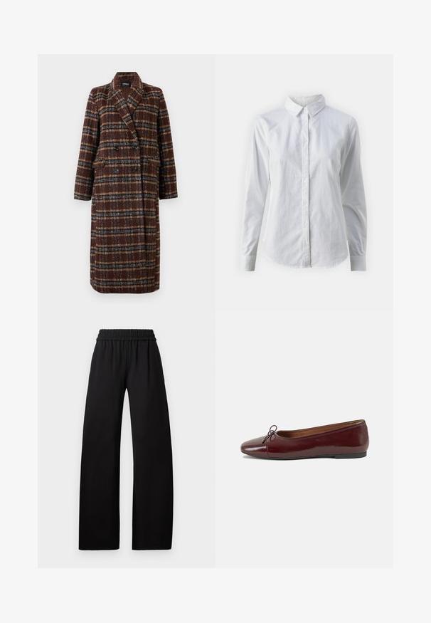 Lang, dobbeltradet brun plaidfrakke med reverskrave, sorte knapper og klaplommer, præsenteret mod en hvid baggrund.; Hvid skjorte med knapper lavet af glat bomuld, der har en klassisk krave, lange ærmer og en buet kant. Knapperne er små og hvide.; Sorte vide benbukser med elastisk talje, der har en glat tekstur og et gulvlængde design for en afslappet pasform.; Bordeaux patentlæder balletflad med rund tå, lille sløjfeaccent foran og en lav, sort gummisål. Glat tekstur.