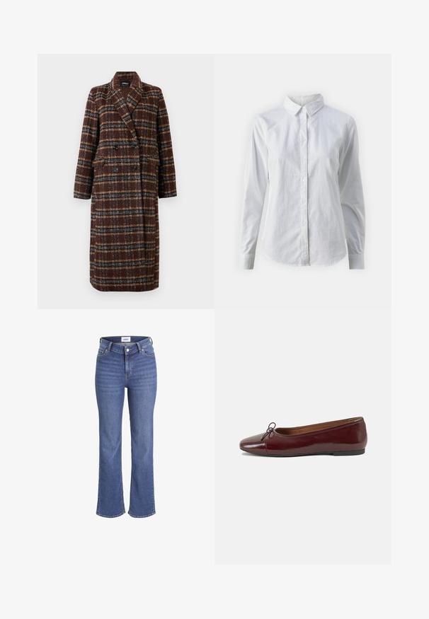 Casaco xadrez castanho de dupla face, com colarinho de lapela, botões pretos e bolsos de aba, exibido sobre um fundo branco.; Camisa branca de botão feita de algodão suave, com colarinho clássico, mangas longas e bainha curva. Os botões são pequenos e brancos.; Jeans de ganga azul escuro com cintura alta, pernas largas e um design tradicional de cinco bolsos. Apresenta costuras visíveis e um fecho frontal com botão.; Bailarinas em couro sintético borgonha com bico redondo, pequeno laço na frente e sola baixa em borracha preta. Textura suave.