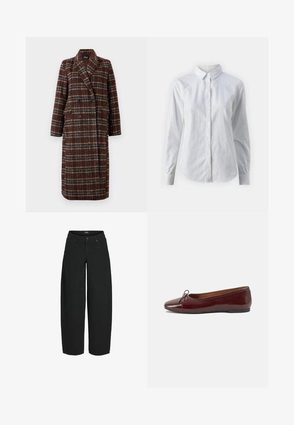 Hosszú, dupla soros barna kockás kabát, kapucnis gallérral, fekete gombokkal és hajtókás zsebekkel, fehér háttér előtt bemutatva.; Fehér, sima pamutből készült gombos ing, klasszikus gallérral, hosszú ujjakkal és ívelt hemvéggel. A gombok kicsik és fehérek.; Fekete, bő szárú farmernadrág, pamut denimből készült, magas derékkal, elülső zsebekkel és gombos záródással. Egyszerű és sokoldalú dizájn.; Burgundi lakkbőr balettcipő kerek orral, elöl kis masni díszítéssel és alacsony, fekete gumi talppal. Simára csiszolt felület.