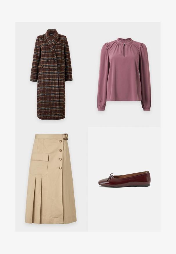 Dlhý hnedý károvaný kabát na dvojité zapínanie s klopovým golierom, čiernymi gombíkmi a vreckami s chlopňou, vystavený na bielom pozadí.; Dlhý rukáv mauve blúzka s naťahovacím golierom, výstrihom v tvare kľúčovej dierky so zapínaním na gombík a mierne nariasenými ramenami.; Béžová sukňa po kolená vyrobená z bavlneného zmesi. Obsahuje predné gombíky, bočnú kapsu a skladby pre štruktúru. Hladká textúra.; Burgundské lakované balerínky s okrúhlou špičkou, malou mašľou na prednej strane a nízkou čiernou gumovou podrážkou. Hladký povrch.