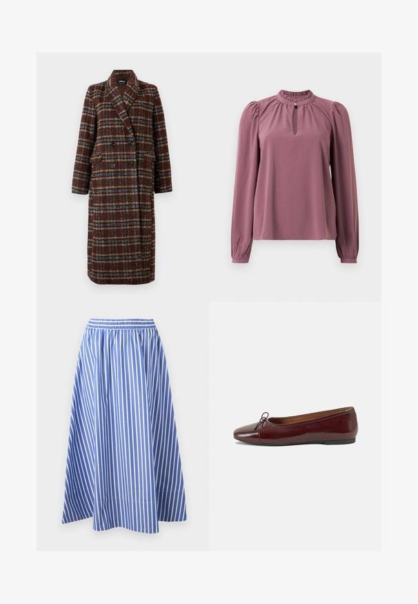 Manteau long en plaid marron à double boutonnage avec col à revers, boutons noirs et poches à rabat, présenté sur un fond blanc.; Blouse mauve à manches longues avec col froncé, encolure à clef avec fermeture à bouton et épaules légèrement bouffantes.; Jupe rayée bleue et blanche, dotée d'une taille élastique et d'une silhouette évasée fluide, fabriquée en tissu léger.; Ballerines en cuir verni bordeaux avec un bout rond, un petit nœud décoratif à l'avant et une semelle en caoutchouc noire basse. Texture lisse.