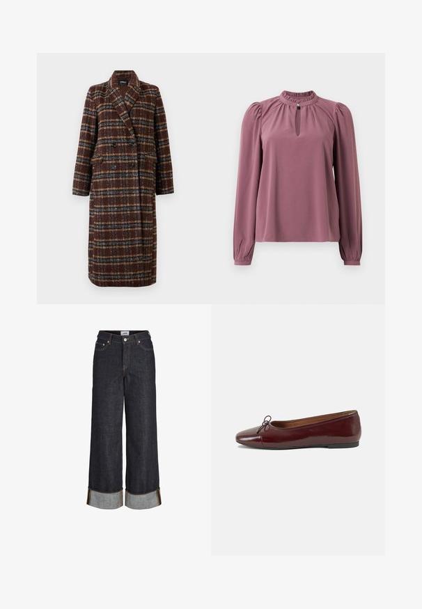 Casaco xadrez castanho de dupla face, com colarinho de lapela, botões pretos e bolsos de aba, exibido sobre um fundo branco.; Blusa de manga longa em cor malva com gola franzida, decote em forma de olho de fechadura com fechamento por botão e ombros ligeiramente bufantes.; Jeans de ganga escuros de perna larga com uma cintura alta, bainhas dobradas com um tecido azul em contraste e detalhes em costura laranja.; Bailarinas em couro sintético borgonha com bico redondo, pequeno laço na frente e sola baixa em borracha preta. Textura suave.