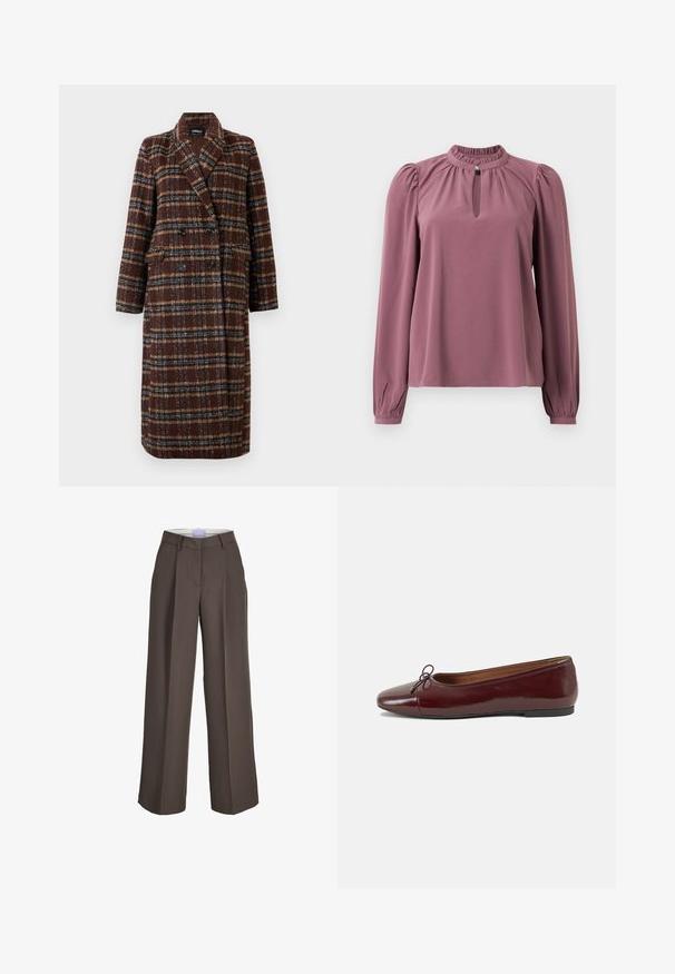Casaco xadrez castanho de dupla face, com colarinho de lapela, botões pretos e bolsos de aba, exibido sobre um fundo branco.; Blusa de manga longa em cor malva com gola franzida, decote em forma de olho de fechadura com fechamento por botão e ombros ligeiramente bufantes.; Calças de perna larga em tecido castanho, com cintura alta, pregas frontais e uma textura suave. Inclui passantes para cinto para um detalhe adicional.; Bailarinas em couro sintético borgonha com bico redondo, pequeno laço na frente e sola baixa em borracha preta. Textura suave.