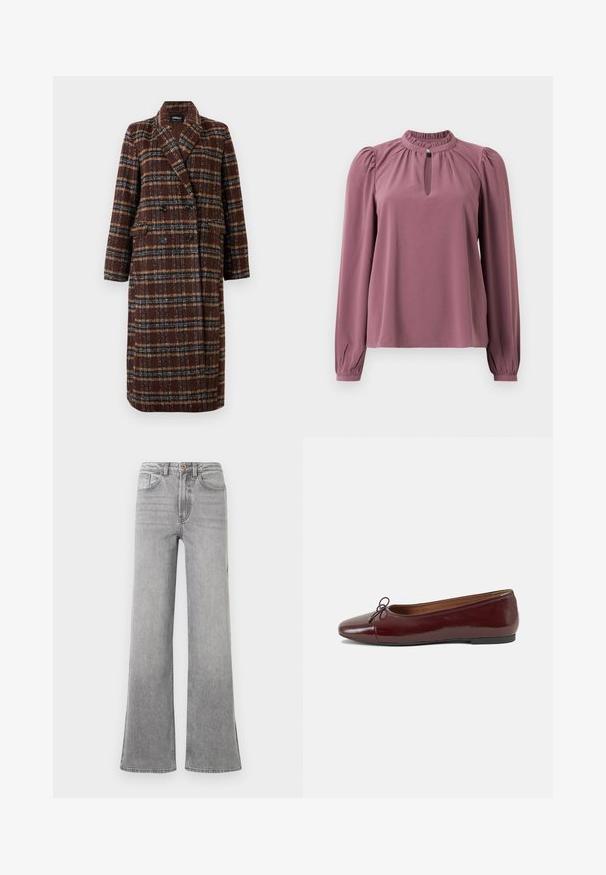 Hosszú, dupla soros barna kockás kabát, kapucnis gallérral, fekete gombokkal és hajtókás zsebekkel, fehér háttér előtt bemutatva.; Hosszan ujjú mályva blúz, gyűrt gallérral, kislyukú nyakkivágással, gombos záródással és enyhén puffos vállakkal.; Szürke farmer harangszárú nadrág, magas derékkal, elülső zsebekkel, övhurkokkal és finom, kopott hatással, fehér háttér előtt bemutatva.; Burgundi lakkbőr balettcipő kerek orral, elöl kis masni díszítéssel és alacsony, fekete gumi talppal. Simára csiszolt felület.