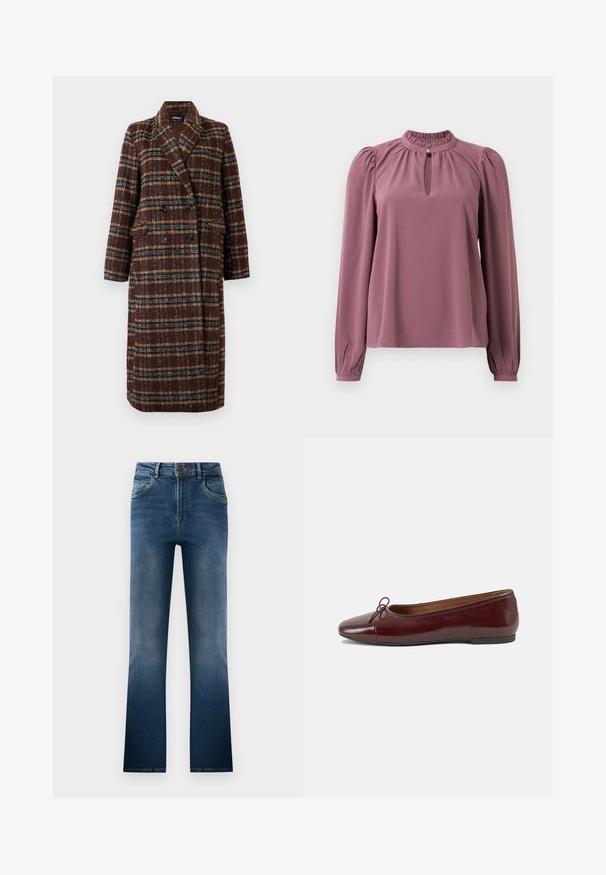 Gara divrindas brūna raibā mētelis ar atloku apkakli, melniem pogām un kabatām ar vāciņu, izstādīta pret baltu fona.; Garšā piedurkne mauve krāsas blūze ar saplacinātu apkakli, atslēgas caurumu dekoltē ar pogu aizdari un nedaudz pūkainām plecu daļām.; Tumši zili džinsi ar zvana kājām, ar nodilušu izskatu, piecām kabatām un jostas cilpām. Klasisks dizains ar priekšējo pogu aizdari.; Burgundijas laku ādas baleta kurpes ar noapaļotu purngalu, nelielu loku akcentu priekšā un zemu melnu gumijas zoli. Gluda tekstūra.