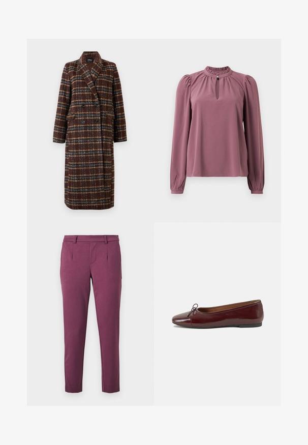 Manteau long en plaid marron à double boutonnage avec col à revers, boutons noirs et poches à rabat, présenté sur un fond blanc.; Blouse mauve à manches longues avec col froncé, encolure à clef avec fermeture à bouton et épaules légèrement bouffantes.; Un pantalon droit de couleur prune avec des passants de ceinture, des poches latérales et une taille ajustée sur un fond blanc.; Ballerines en cuir verni bordeaux avec un bout rond, un petit nœud décoratif à l'avant et une semelle en caoutchouc noire basse. Texture lisse.