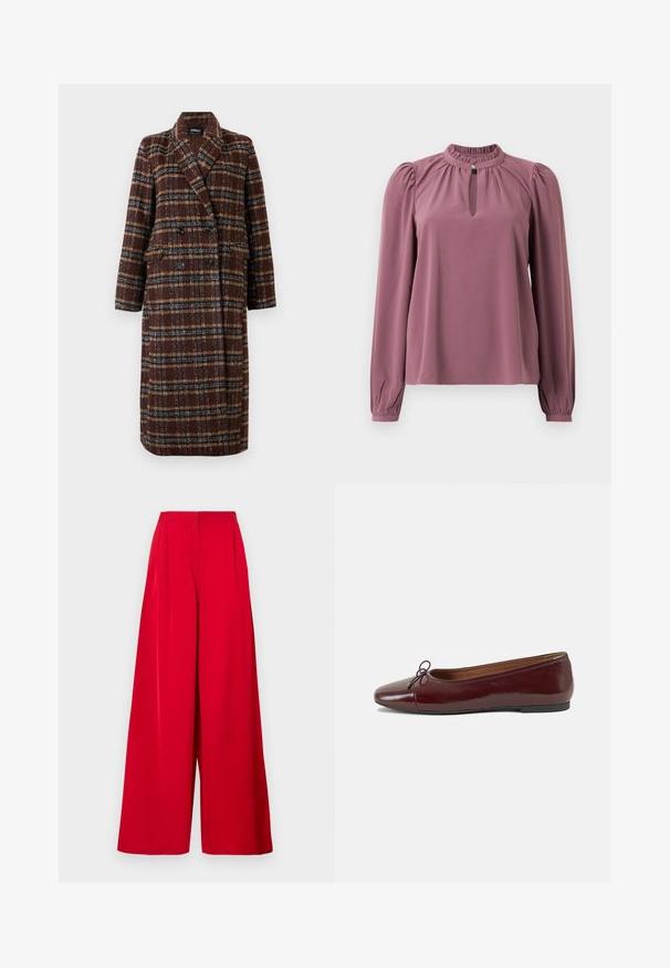 Hosszú, dupla soros barna kockás kabát, kapucnis gallérral, fekete gombokkal és hajtókás zsebekkel, fehér háttér előtt bemutatva.; Hosszan ujjú mályva blúz, gyűrt gallérral, kislyukú nyakkivágással, gombos záródással és enyhén puffos vállakkal.; Tág szabású nadrág élénk piros színben, sima anyagból készült. Magas derék, éles ráncok és áramló vonalvezetés jellemzi.; Burgundi lakkbőr balettcipő kerek orral, elöl kis masni díszítéssel és alacsony, fekete gumi talppal. Simára csiszolt felület.