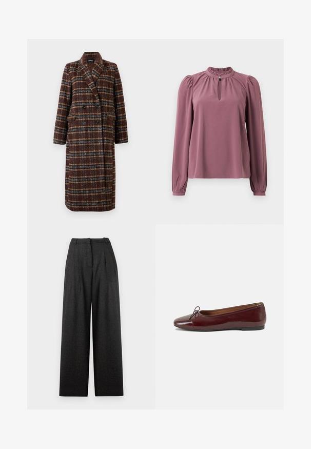 Długi brązowy płaszcz w kratę z podwójnym zapięciem, z klapami, czarnymi guzikami i kieszeniami z klapami, wyeksponowany na białym tle.; Bluzka z długim rękawem w kolorze mauve z marszczonym kołnierzykiem, dekoltem w kształcie łezki zapinanym na guzik oraz lekko bufiastymi ramionami.; Szerokie spodnie w ciemnoszare kratę, z wysokim stanem, plisami i strukturalnym krojem. Wykonane z teksturowanej tkaniny.; Bordowe baleriny z lakierowanej skóry z zaokrąglonym noskiem, małą kokardką z przodu oraz niską, czarną gumową podeszwą. Gładka tekstura.