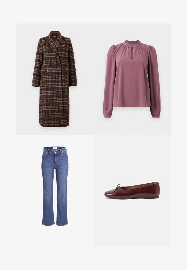Casaco xadrez castanho de dupla face, com colarinho de lapela, botões pretos e bolsos de aba, exibido sobre um fundo branco.; Blusa de manga longa em cor malva com gola franzida, decote em forma de olho de fechadura com fechamento por botão e ombros ligeiramente bufantes.; Jeans de ganga azul escuro com cintura alta, pernas largas e um design tradicional de cinco bolsos. Apresenta costuras visíveis e um fecho frontal com botão.; Bailarinas em couro sintético borgonha com bico redondo, pequeno laço na frente e sola baixa em borracha preta. Textura suave.