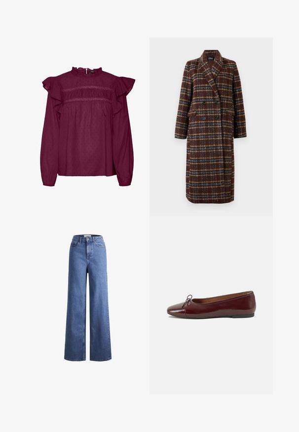Hosszú, dupla soros barna kockás kabát, kapucnis gallérral, fekete gombokkal és hajtókás zsebekkel, fehér háttér előtt bemutatva.; Burgundy blúz fodros ujjal, ráncolt részletekkel a mellrészen, könnyű anyagból készült, finom pöttyös textúrával.; Világoskék, széles szárú farmernadrág magas derékkal, két elülső zsebbel és látható varrással. Gombos és cipzáros záródás.; Burgundi lakkbőr balettcipő kerek orral, elöl kis masni díszítéssel és alacsony, fekete gumi talppal. Simára csiszolt felület.