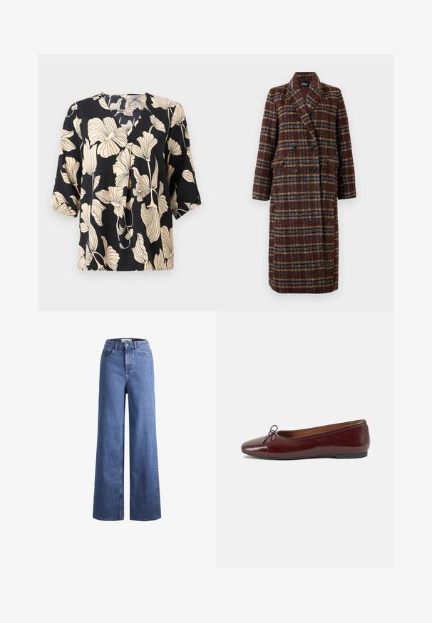 Cappotto lungo doppiopetto a quadri marrone con colletto a bavero, bottoni neri e tasche a soffietto, esposto su uno sfondo bianco.; Blusa nera con motivo floreale in beige, realizzata in tessuto leggero. Ha una vestibilità rilassata e maniche corte con un delicato dettaglio plissettato.; Jeans ampia in denim azzurro chiaro con vita alta, due tasche anteriori e cuciture in vista. Presentano una chiusura con bottone e zip.; Ballerine in pelle verniciata bordeaux con punta arrotondata, piccolo fiocco decorativo sulla parte anteriore e suola bassa in gomma nera. Texture liscia.