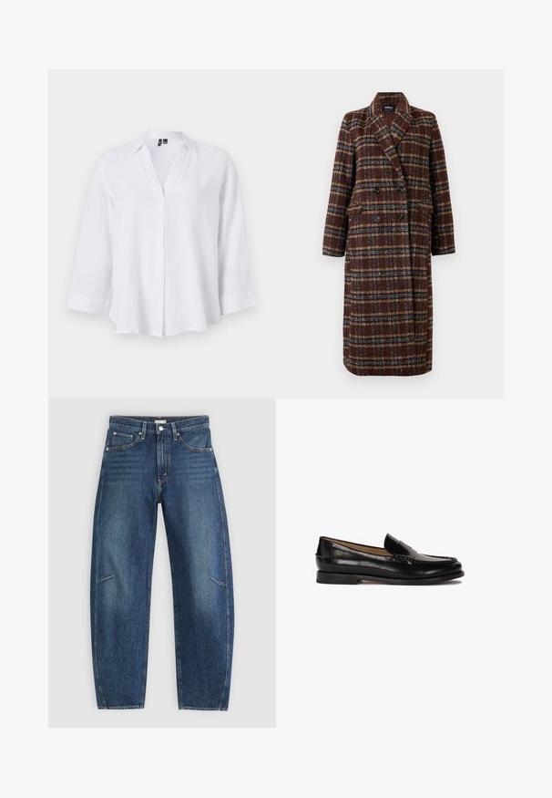Cappotto lungo doppiopetto a quadri marrone con colletto a bavero, bottoni neri e tasche a soffietto, esposto su uno sfondo bianco.; Camicia bianca in lino a maniche lunghe con colletto, scollatura a V e pieghe sottili. Presenta una vestibilità rilassata e polsini con orlo arrotolato.; Jeans in denim blu scuro con design a gamba dritta, caratterizzati da tasche anteriori, cuciture a contrasto e una leggera texture sbiadita lungo le gambe.; Mocassino in pelle nera con punta arrotondata, design slip-on e dettagli di cucitura discreti lungo la parte superiore. Suola piatta in gomma.