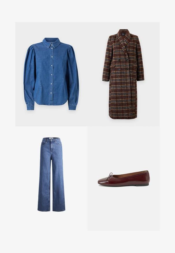 Long double-breasted brown plaid coat with lapel collar, black buttons, and flap pockets, displayed against a white background.; Denim shirt with a light blue color, buttoned front, and a tailored collar. Features puffed long sleeves and a curved hem.; Light blue denim wide-leg jeans with a high waist, two front pockets, and visible stitching. Features a button and zipper closure.; Burgundy patent leather ballet flat with a rounded toe, small bow accent at the front, and a low, black rubber sole. Smooth texture.
