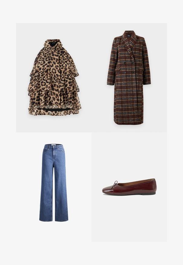 Hosszú, dupla soros barna kockás kabát, kapucnis gallérral, fekete gombokkal és hajtókás zsebekkel, fehér háttér előtt bemutatva.; Leopárdmintás, réteges köpeny magas nyakkal, áttetsző anyaggal, fodros rétegekkel és fekete béléssel. A színpaletta bézs, barna és fekete árnyalatokat tartalmaz.; Világoskék, széles szárú farmernadrág magas derékkal, két elülső zsebbel és látható varrással. Gombos és cipzáros záródás.; Burgundi lakkbőr balettcipő kerek orral, elöl kis masni díszítéssel és alacsony, fekete gumi talppal. Simára csiszolt felület.