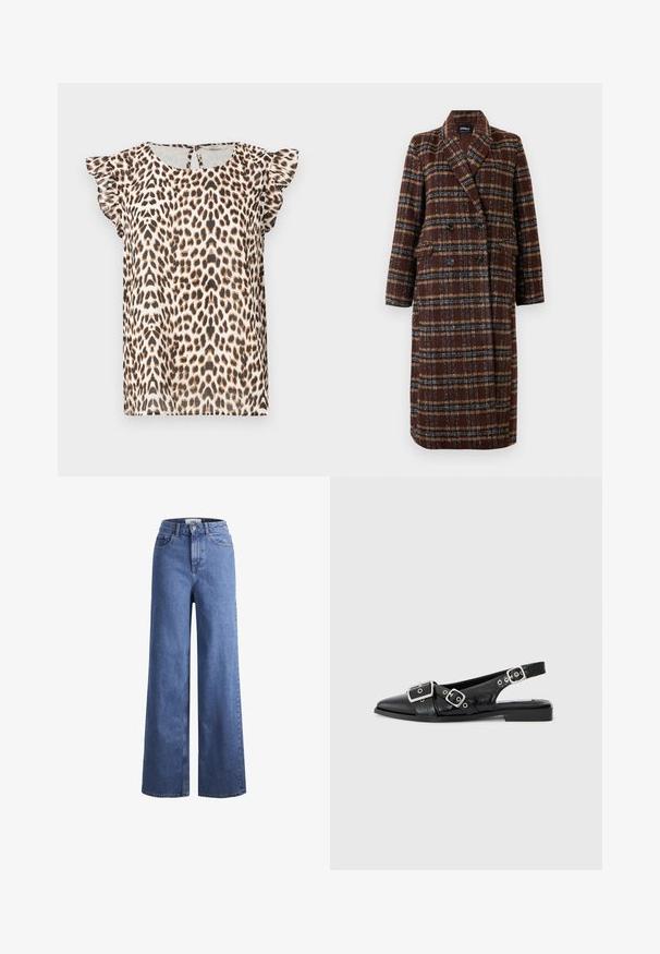 Lang, dobbeltradet brun plaidfrakke med reverskrave, sorte knapper og klaplommer, præsenteret mod en hvid baggrund.; Leopardprint skjorte med korte rynkede ærmer, lavet af letvægtsstof. Farvepaletten inkluderer beige, brun og sorte nuancer.; Lyseblå denim brede bukser med høj talje, to frontlommer og synlige stikninger. Har en knap- og lynlåslukning.; Sorte læderslingbacksko med spids tå, to sølvspænder og en lav blokhæl. Har en struktureret overdel og åben bag.