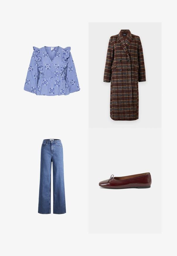 Abrigo de cuadro marrón de doble botonadura largo con cuello de solapa, botones negros y bolsillos con solapa, exhibido contra un fondo blanco.; Blusa de cuadros azul con mangas de volantes, bordado floral, escote en V y cintura de peplum. Tejido de algodón con un patrón a cuadros.; Jeans de mezclilla de tiro alto, de pierna ancha, en azul claro, con dos bolsillos delanteros y costuras visibles. Cuentan con un cierre de botón y cremallera.; Bailarina de charol burdeos con punta redonda, pequeño lazo en la parte frontal y una suela baja de goma negra. Textura suave.